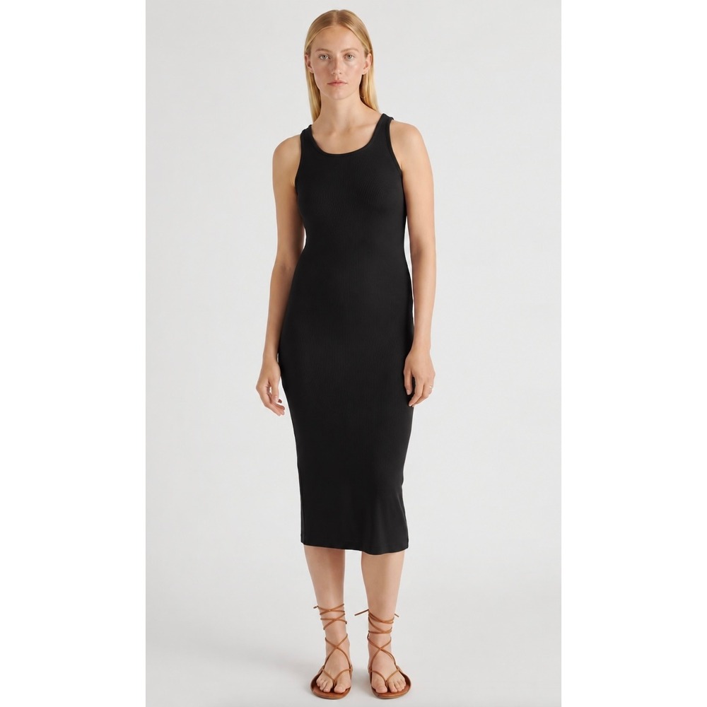 Quince Black Ribbed Scoop Neck Midi Tank Dress Medium Bodycon Back Slit